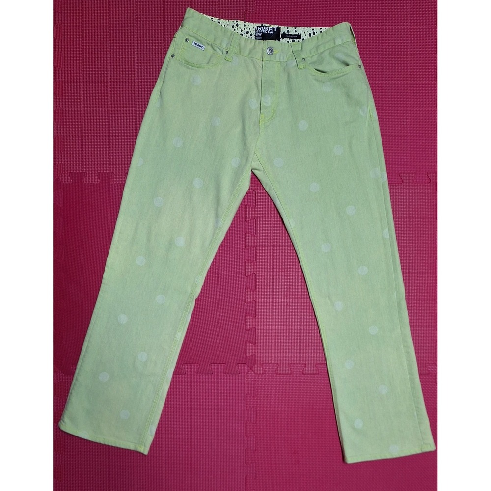 Trukfit Respect Few Jeans Green Polka Dots Straight Leg Denim Pants Sz 32 Womens
